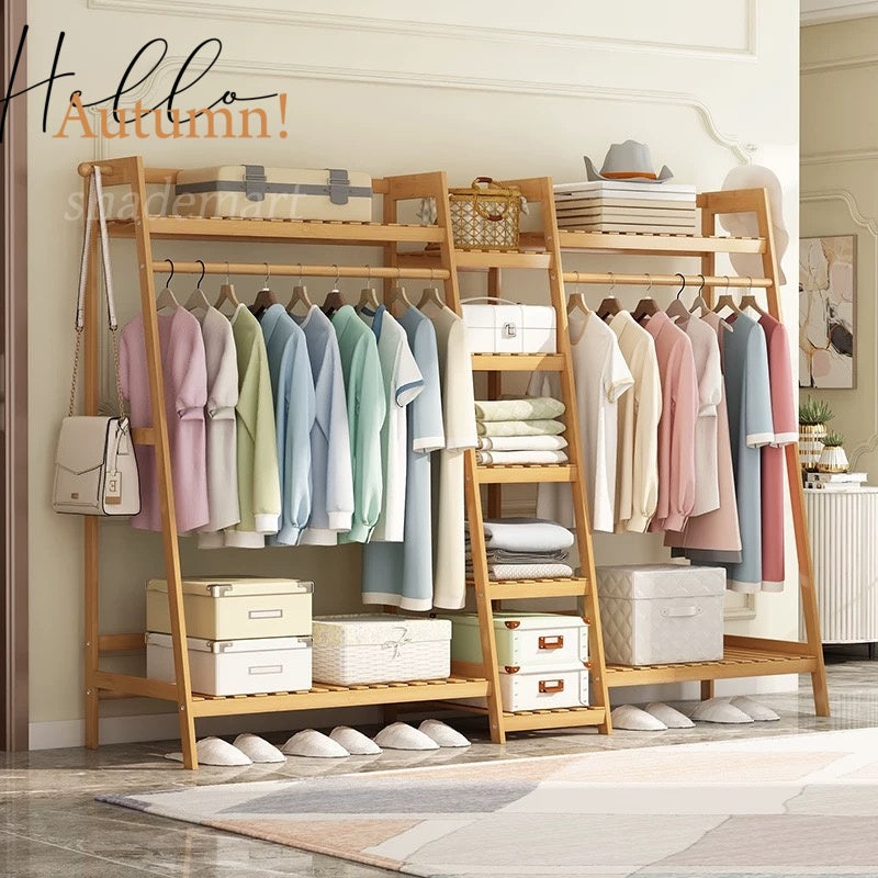 Bamboo Garment Rack with Adjustable Shelves, Five Side Storage Racks and Hat Hooks for Bedroom Organization, Brown or Nature with Four Size and Bag Option Labels