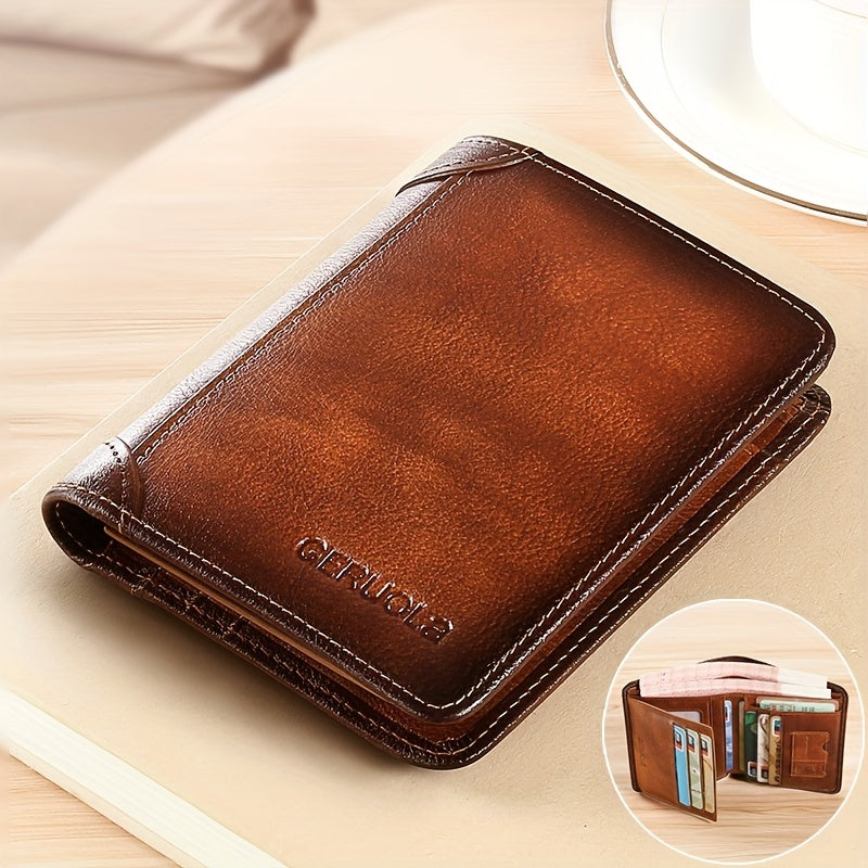 RFID Blocking Leather Wallet for Men with Listed Two ID Windows and Vintage Short Design, Yellow Brown, Grey Blue and Black Bifold Style Options