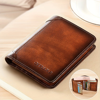 RFID Blocking Leather Wallet for Men with Listed Two ID Windows and Vintage Short Design, Yellow Brown, Grey Blue and Black Bifold Style Options