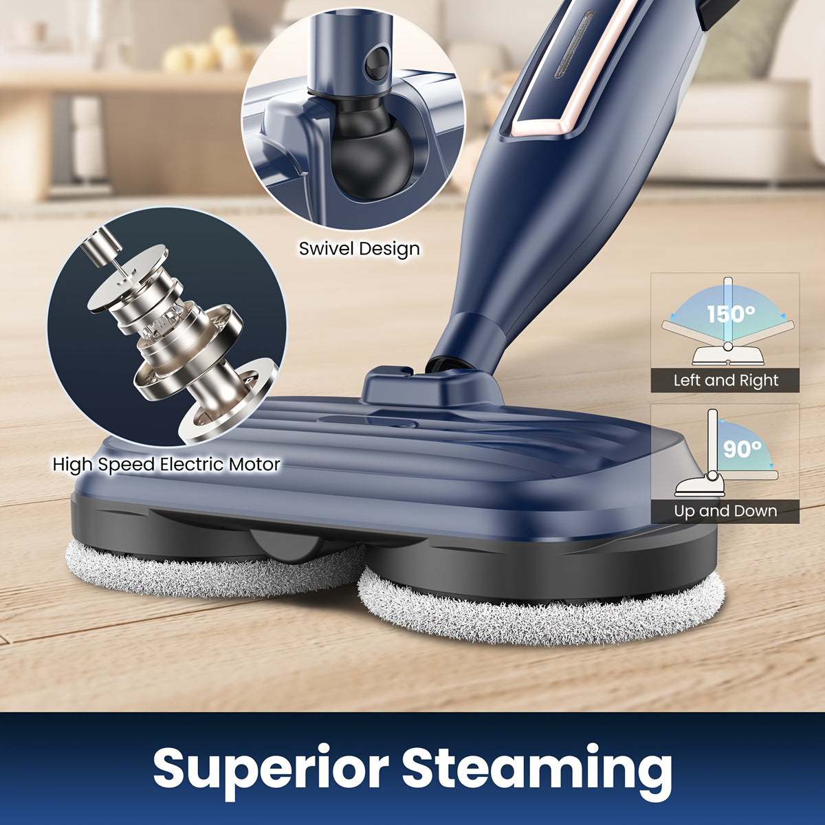 Rotating-Pad Steam Mop VM6 with Three Listed Steam Modes, LED Headlights and Removable Water Tank, Black Gray or Black Golden Floor Cleaning Options