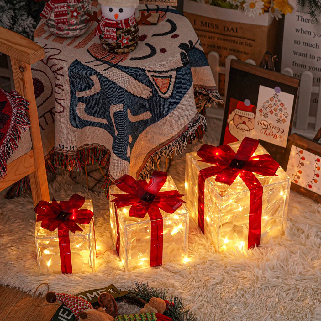 Lighted Christmas Present Boxes, Classic Set of 3 Warm White Decorative Gift Boxes with 60 Listed LEDs, Red Bows, USB or Battery Power and Daily Timer