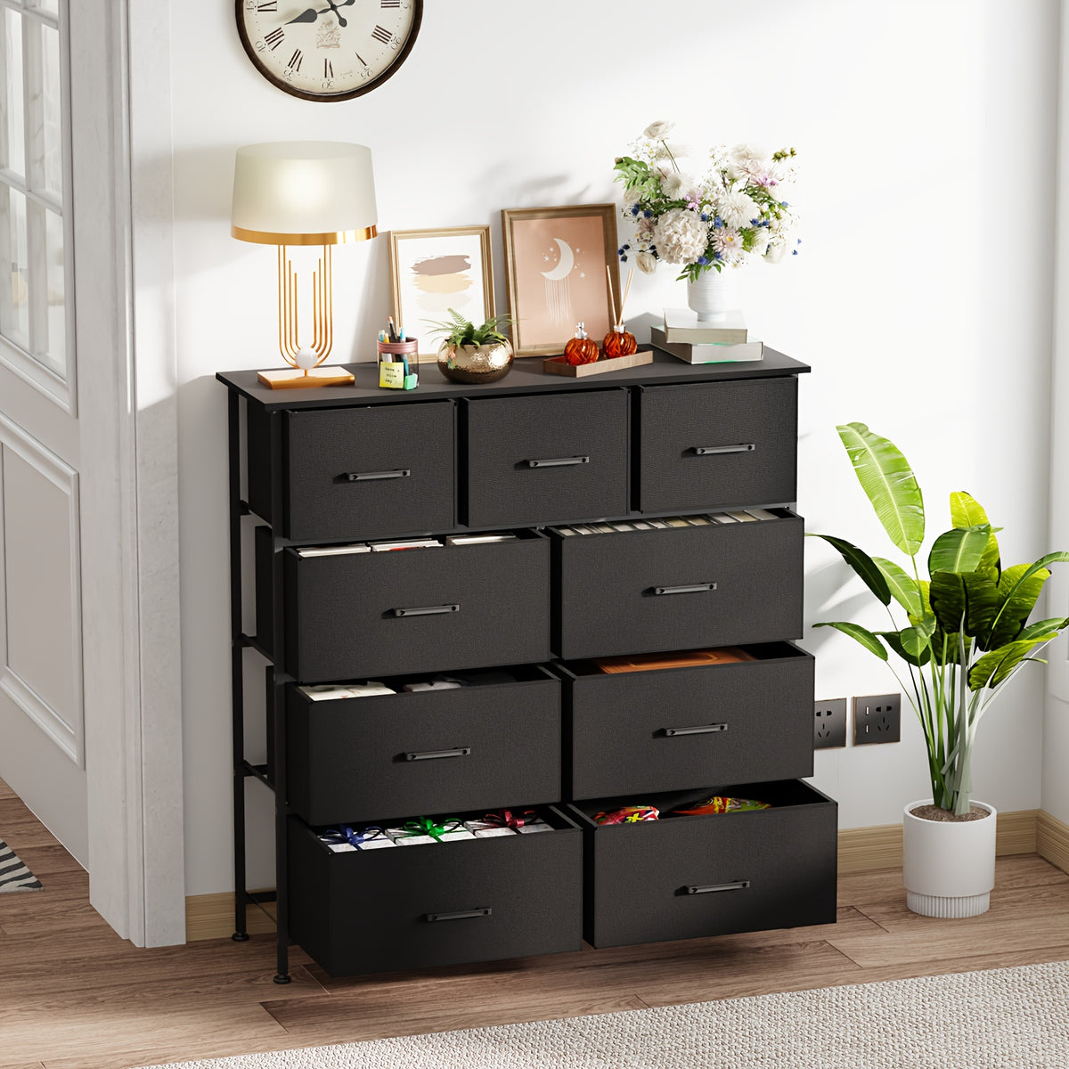 Fabric Drawer Dresser with 5, 8 or 9 Drawers, Steel Frame and Wooden Top for Bedroom, Closet and Entryway Storage in Black, Grey or Nature