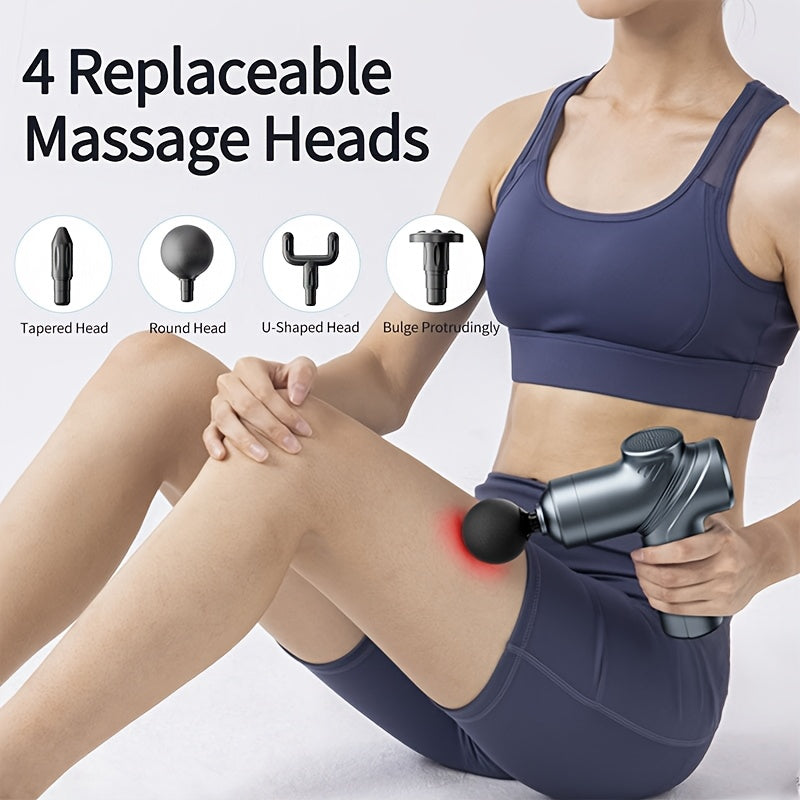 Handheld Massage Gun by LEERCON with Four Massage Heads and Six Adjustable Speeds, Portable Personal-Care Massager in Grey or Blue for Home Massage Routines