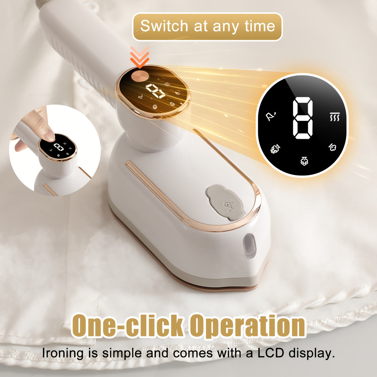 2-in-1 Travel Steam Iron with LCD Display, 1200W Foldable Mini Garment Steamer with 3 Steam Levels, Wet and Dry Modes for Wrinkle-Free Clothes at Home, Office and On the Go, 6oz Tank, White