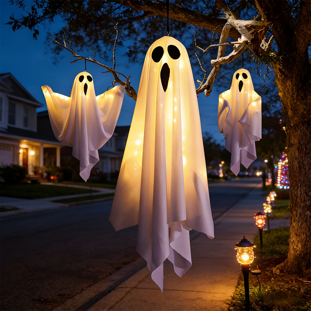 LED Hanging Ghost Decorations 3-Pack, Listed 20-Inch White Polyester Halloween Ghosts for Indoor Parties and Suitable Porch, Tree and Yard Displays