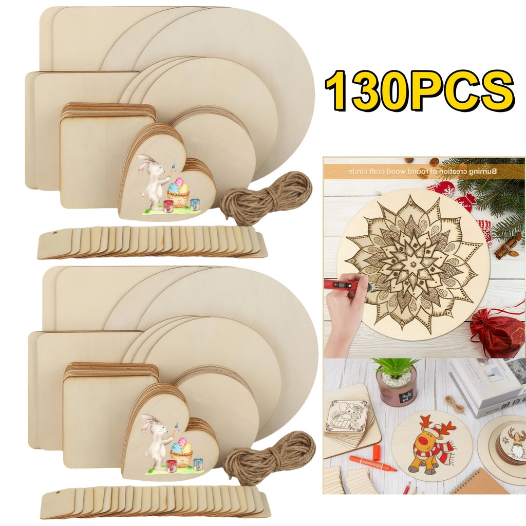Wooden Craft Blanks in Round, Square and Heart Shapes, 130pcs or 65pcs with Twine Options for DIY Painting, Personalized Gift Accents and Wedding Decor