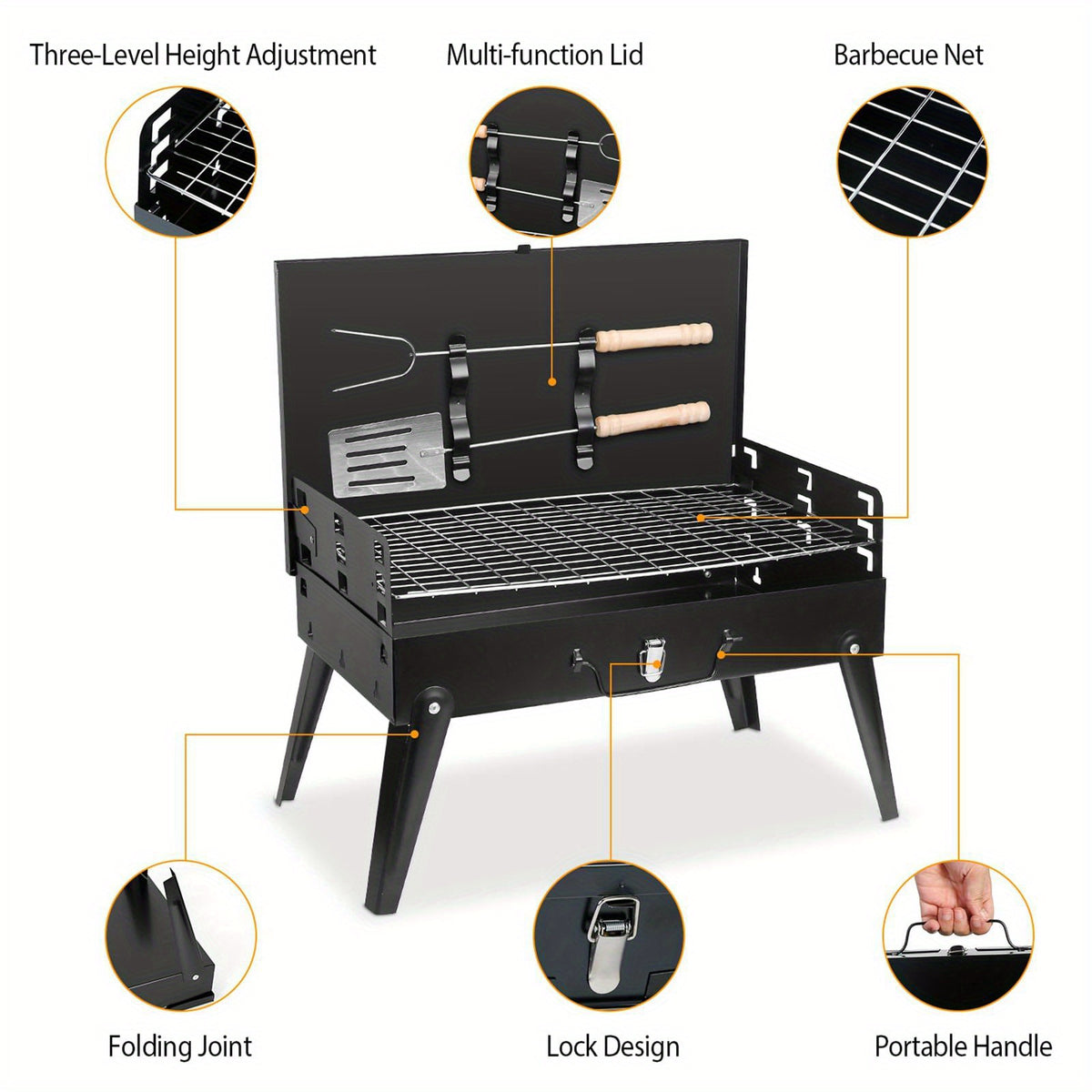 Folding Charcoal Grill with Hood by Backyard Buddy, Black Compact Outdoor Barbecue for Picnic Cooking, Backyard Meals and Portable Cookout Planning