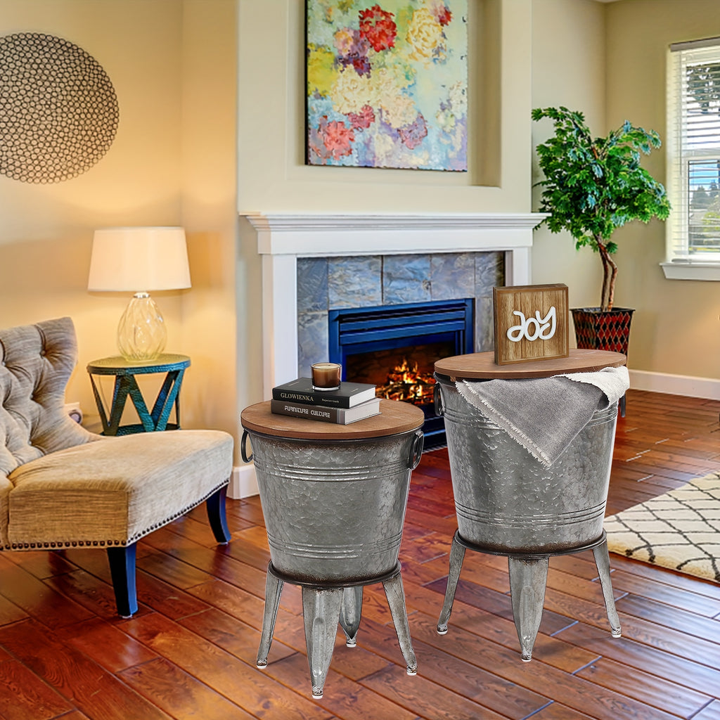 Farmhouse End Tables Set of Two with Metal Nesting Design and Round Wood Lids, Galvanized or Distressed White Accent Furniture for Rustic Living Room Styling