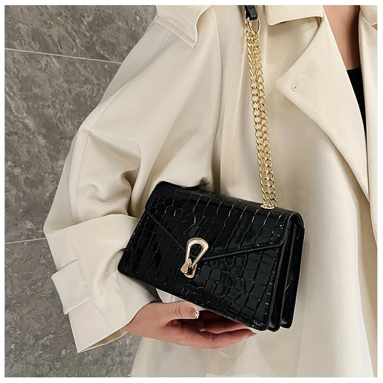 Reptile-Pattern Crossbody Bag for Women with Chain Strap Styling and Gold-Tone Hardware, White, Green or Rose Red Shoulder Purse for Casual and Evening Outfits