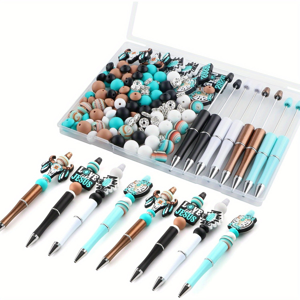 Turquoise Silicone Beads for Pens and Keychains, 146-Piece Mixed Craft Assortment with Listed 10mm Round and 12mm/15mm Beads for DIY Jewelry and Decorations