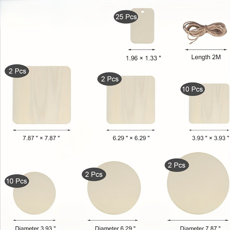 Unfinished Wood Craft Blanks with Twine, Listed 54-Piece Set of Round, Square and Heart Shapes for Painting, Personalized Gift Accents and Party Decorations