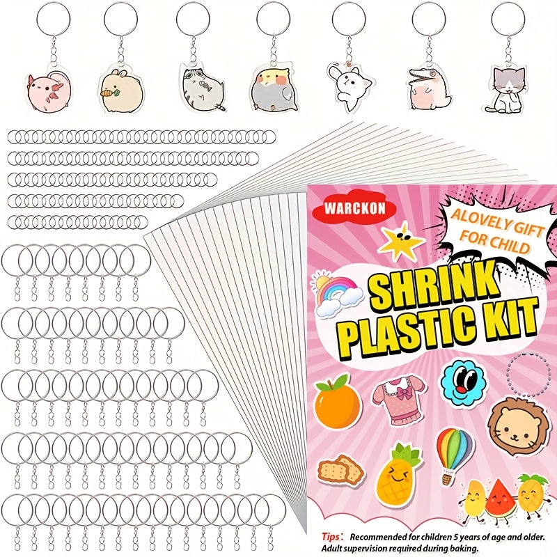 Shrink Plastic Craft Kit, 215 Pieces with 15 A5 Shrink Sheets, 100 Keychain Accessories and 100 Open Iron Rings for DIY Charms and Handmade Gifts