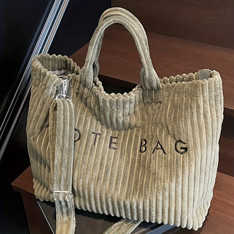 Letter Pattern Corduroy Tote Bag for Women with Adjustable Shoulder Strap and Listed Color-Block Design, Beige, Black, Green or Pink for Work, Shopping and Casual Outings