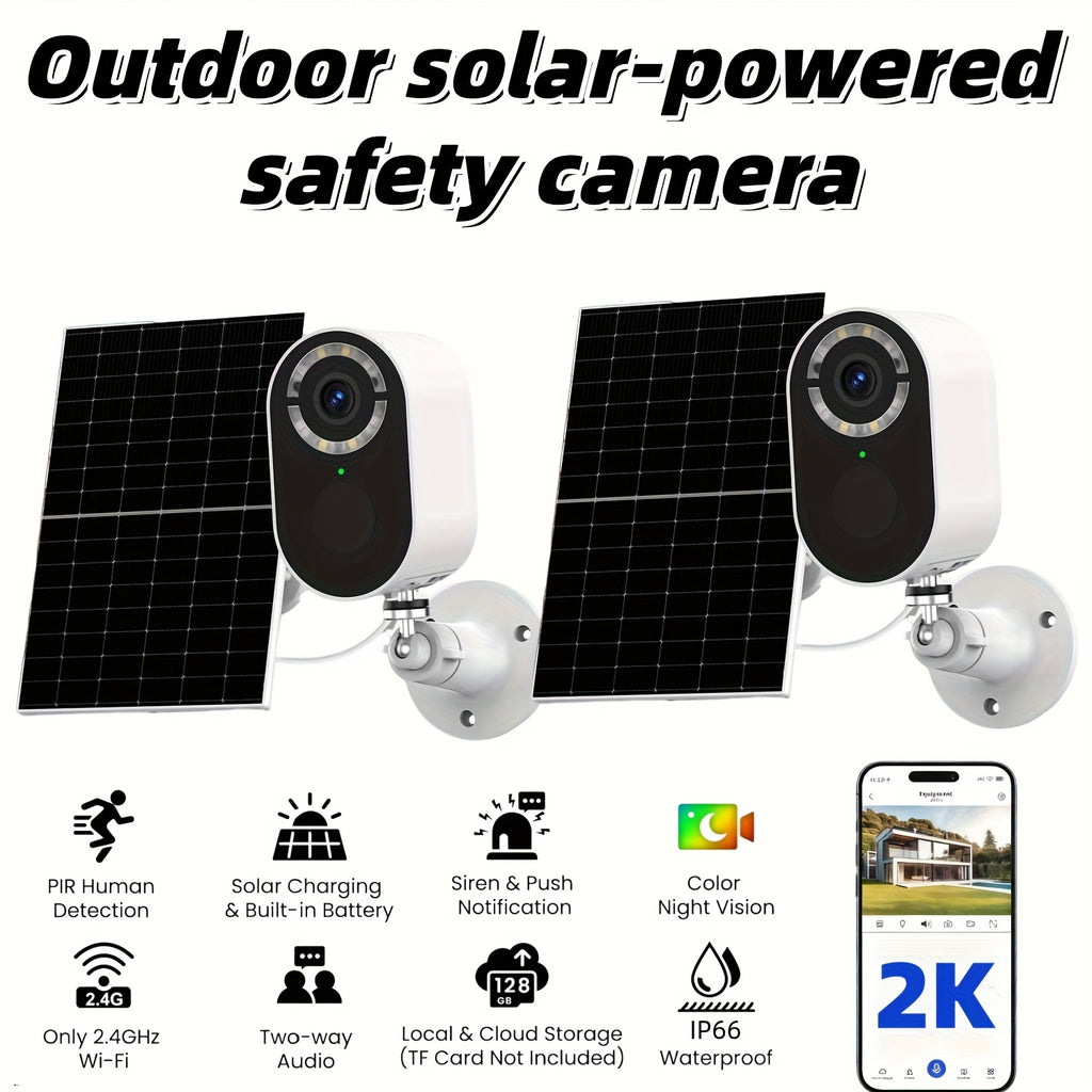 Solar WiFi Surveillance Camera with Listed 2K Imaging, Two-Way Voice and Color Night Vision, White or Black in One- or Two-Piece Home Monitoring Options