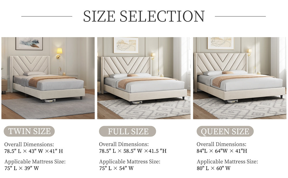 Velvet Platform Bed Frame by Costoffs with Wingback Headboard and Geometric Stitching, Wooden Slat Support, No Box Spring Needed, Twin to King Options