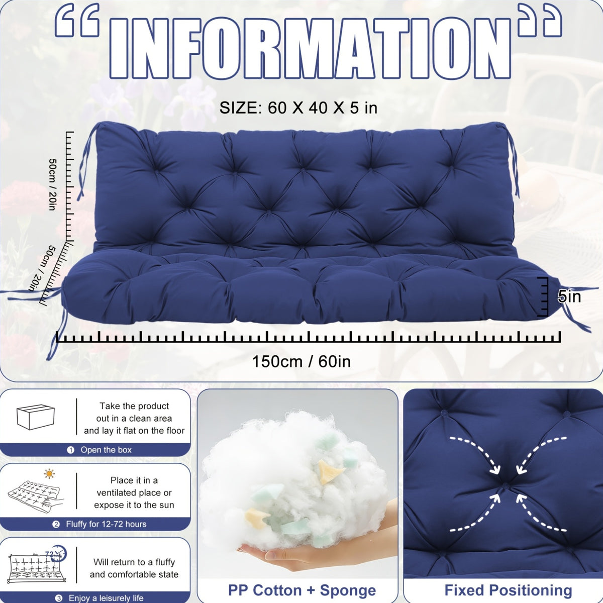 Porch Swing Replacement Cushion with Backrest and Ties, Listed 5-Inch Thickness, 48 or 60-Inch Size Labels and Five Color Choices for Patio Bench Seating