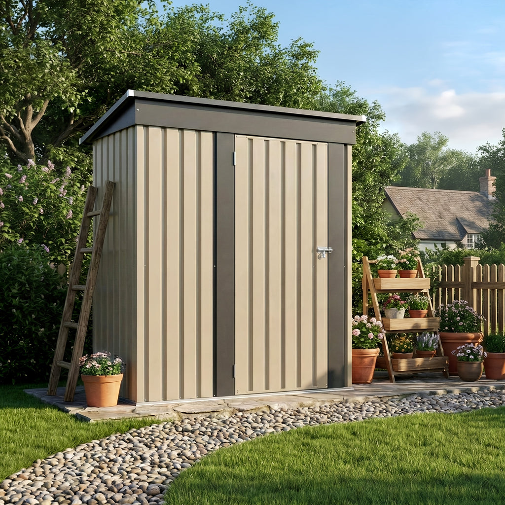 Outdoor Metal Tool Shed in Listed 5 x 3 FT Size, Garden Storage Building with Single Lockable Door and Sloping Roof, Brown, Grey or White Model Options