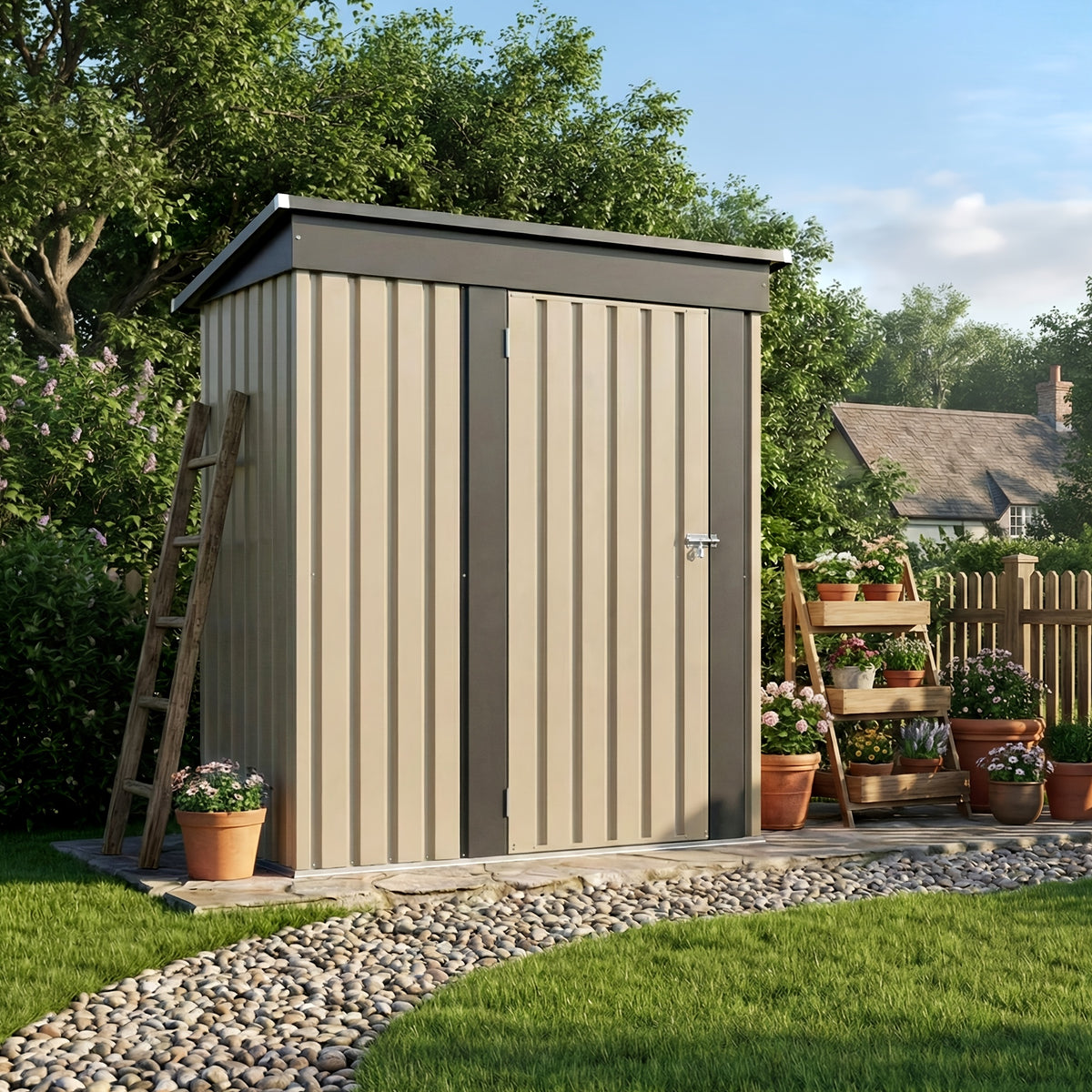 Outdoor Metal Tool Shed in Listed 5 x 3 FT Size, Garden Storage Building with Single Lockable Door and Sloping Roof, Brown, Grey or White Model Options