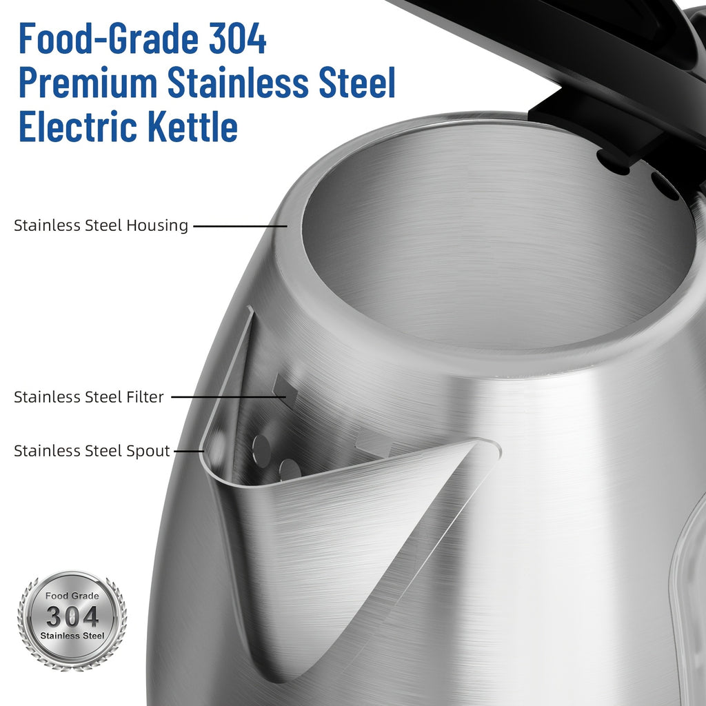 Water-Level Window Electric Kettle with Listed 1200W Power and 1.8L Capacity, Stainless Steel Model with Swivel Base, Auto Shut-Off and Boil-Dry Protection for Tea