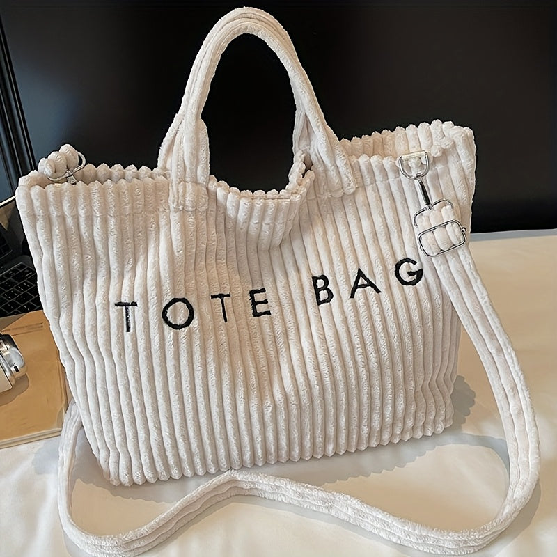 Large Capacity Corduroy Tote Bag for Women with Adjustable Shoulder Strap, Letter Pattern and Contrast Design for Work and Casual Crossbody Wear