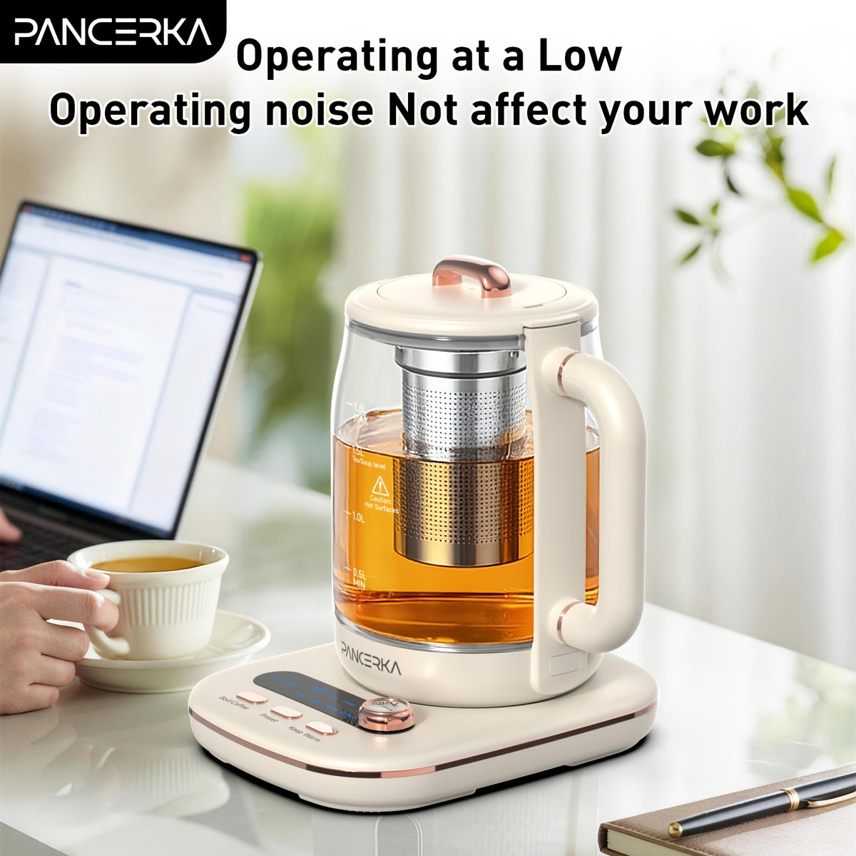 Electric Glass Tea Maker by PANCERKA, 1.8L Multifunction Kettle with Infuser and Detachable Filter in Beige for Home Tea Brewing & Kitchen Use