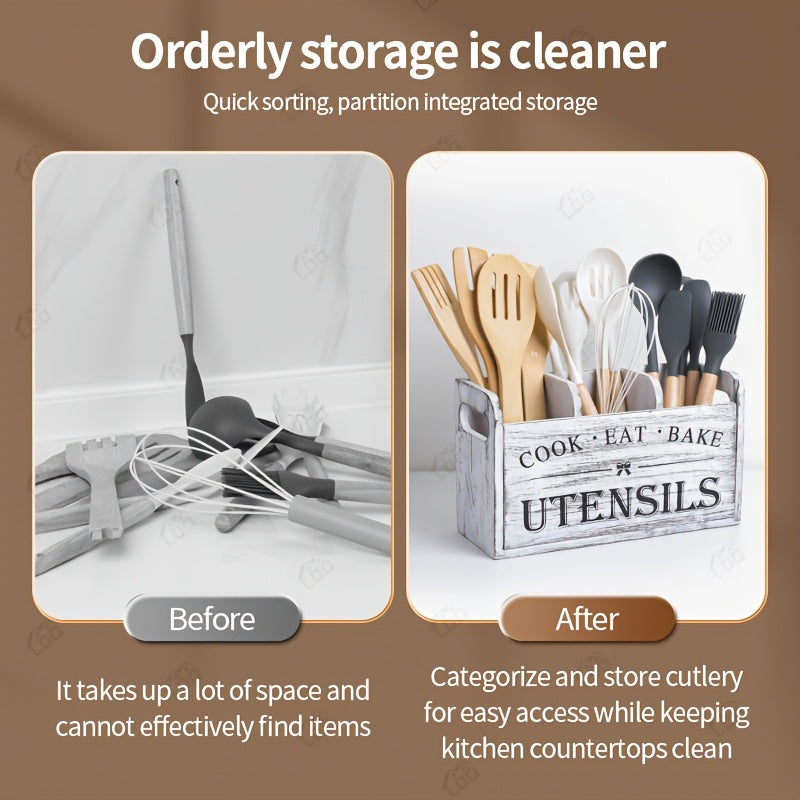 Wooden Kitchen Utensil Holder by LDQ, Rustic Countertop Organizer in Black or White with Two-Compartment Options for Forks, Spoons and Whisks