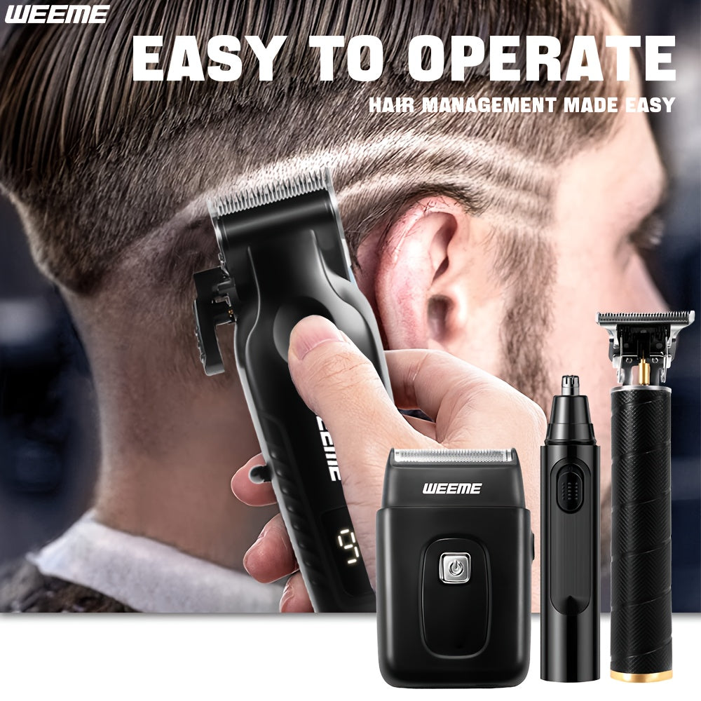 Four-Piece Men's Grooming Set in Black with Hair Clipper, Nose Trimmer, Electric Shaver and T9 Detailer, Listed USB Rechargeable Design and Eight Guide Combs