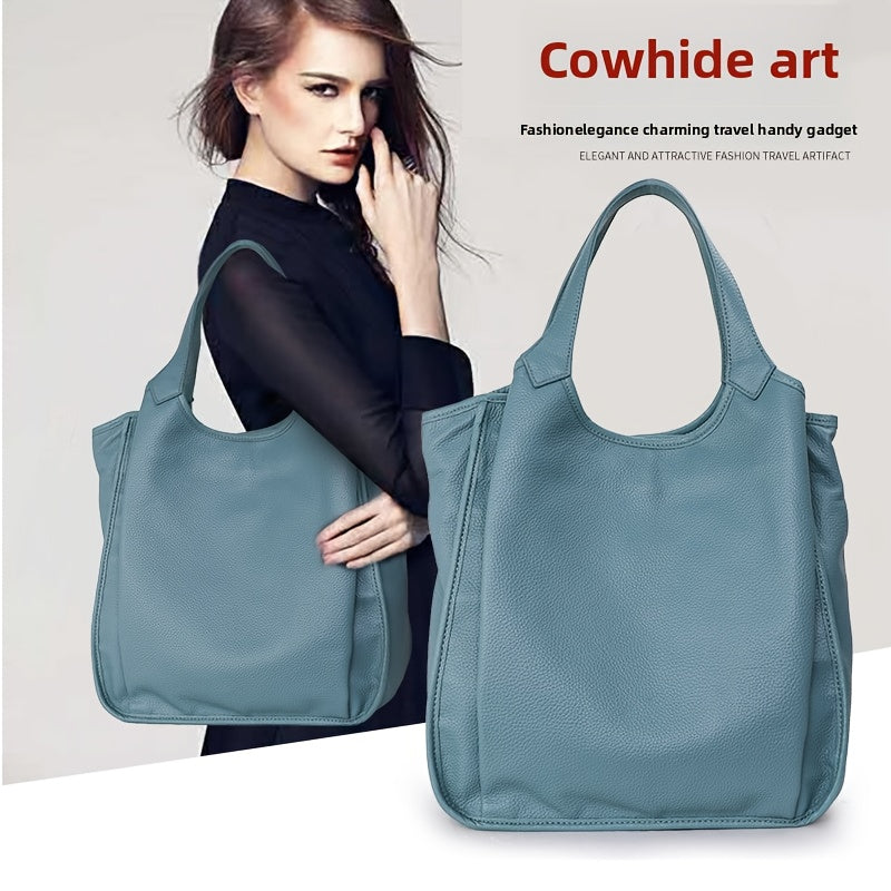 Leather Tote Bag for Women with Vintage Styling, Listed Cowhide Material, Zipper Closure and Gold-Tone Hardware in Black, Red or Fog Blue for Everyday Outfits