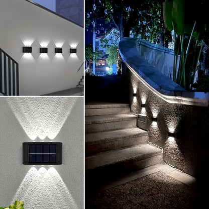 Solar Up and Down Wall Sconces with Listed 6-LED Design, White or Warm Light and 4- or 8-Piece Options for Outdoor Fence, Patio and Garden Decoration