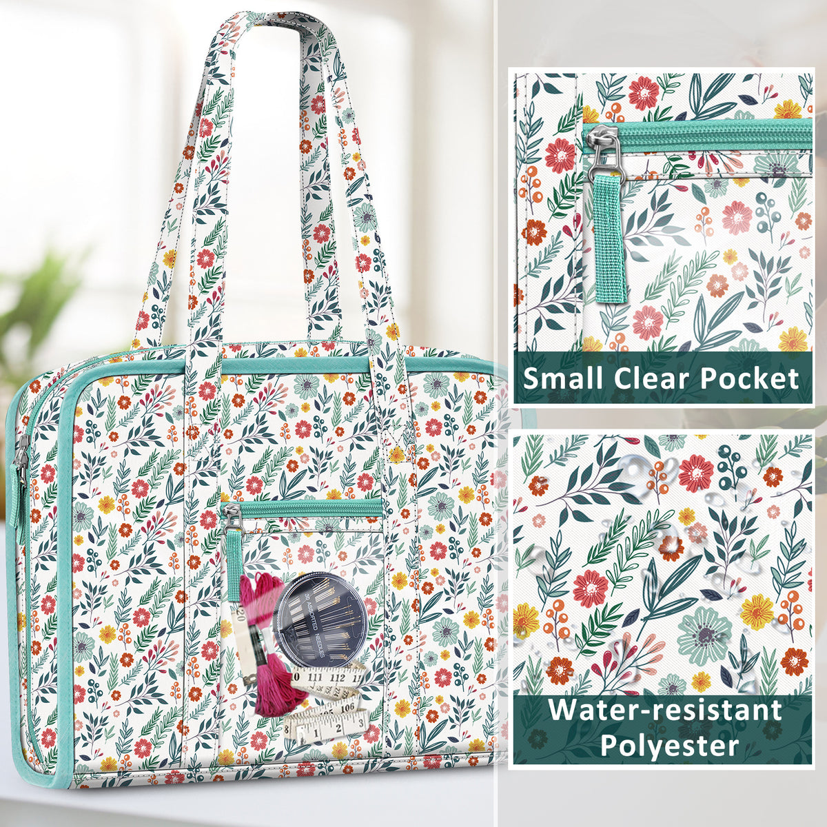 Sewing and Craft Storage Tote by FINPAC, 800D Polyester Organizer with Clear PVC Pockets and Two Top Handles, 13 x 4.5 x 10.5 Inches, Five Styles, Bag Only