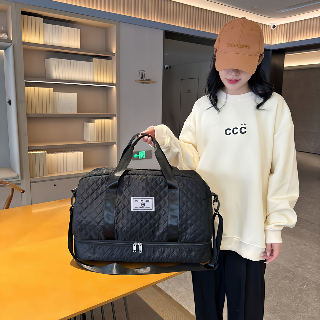 Quilted Travel Tote Bag Set with Detachable Crossbody Strap and Compartment Storage, Woven Fabric Handbag for Gym and Short Trips, 2 or 3-Piece Options