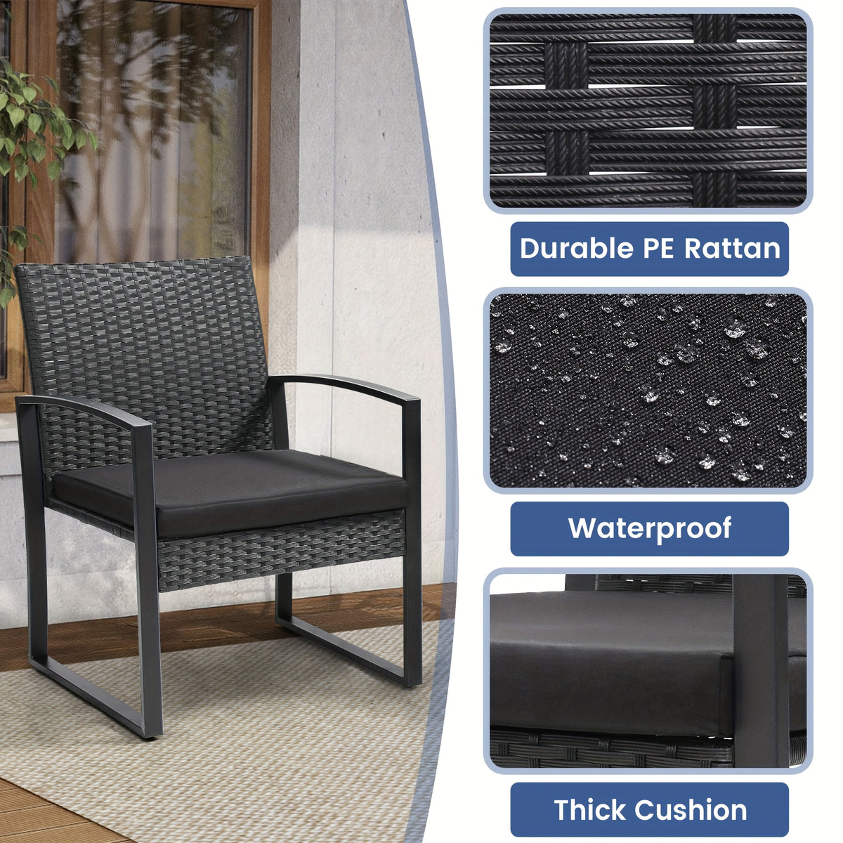 Patio Bistro Set with Black Rattan Styling, 3-Piece Outdoor Furniture with Tempered Glass Table and Gray or Black Cushions for Garden Seating and Coffee