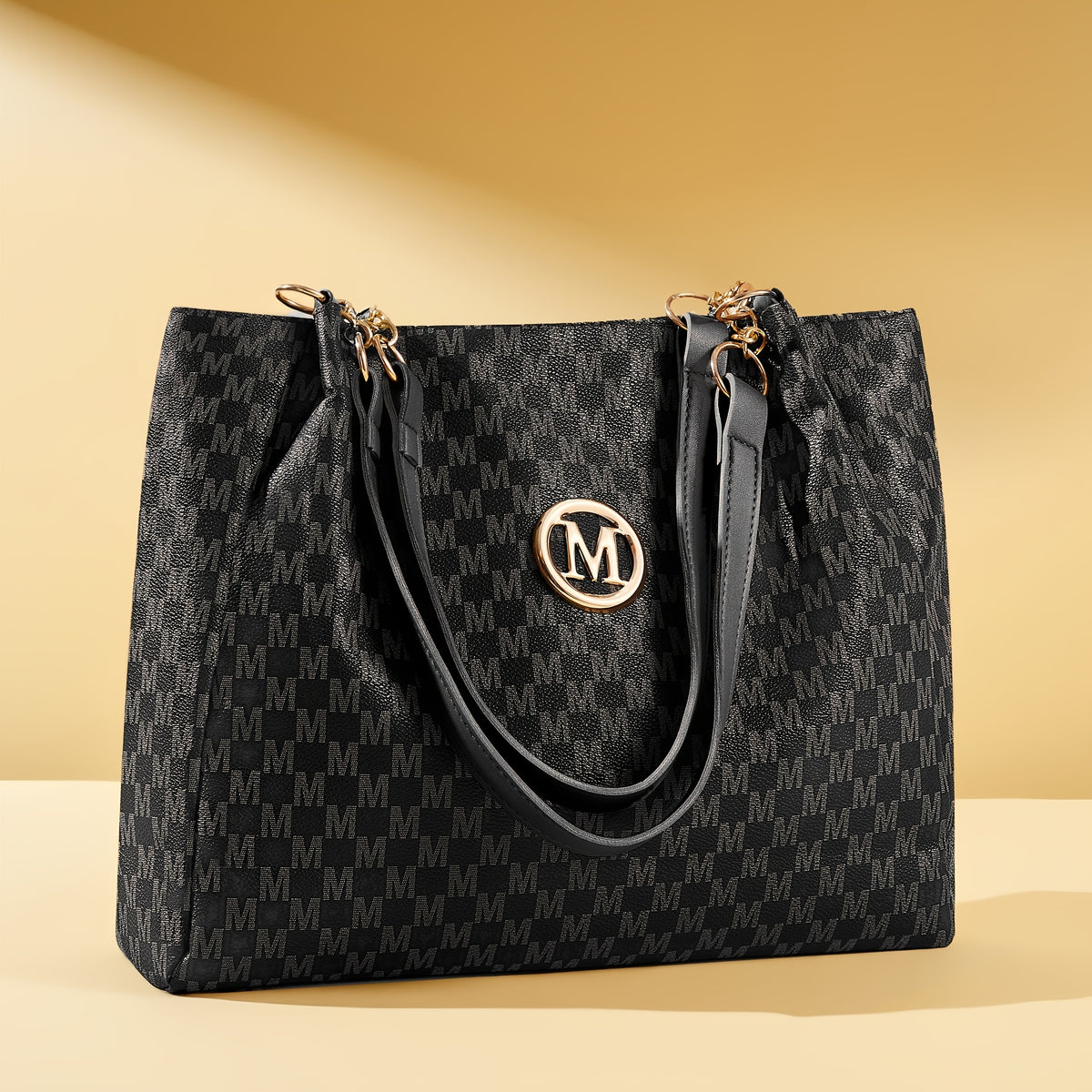 M-Print PU Tote Bag for Women in Black, Vintage-Inspired Shoulder Handbag with Zipper Closure and Hardware Accents for Shopping and Casual Travel