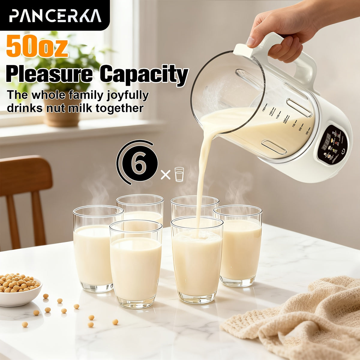 One-Touch Nut Milk Maker by PANCERKA, White A Automatic Countertop Blender for Compatible Almond, Oat, Soy and Coconut Beverage Recipes and Kitchen Preparation