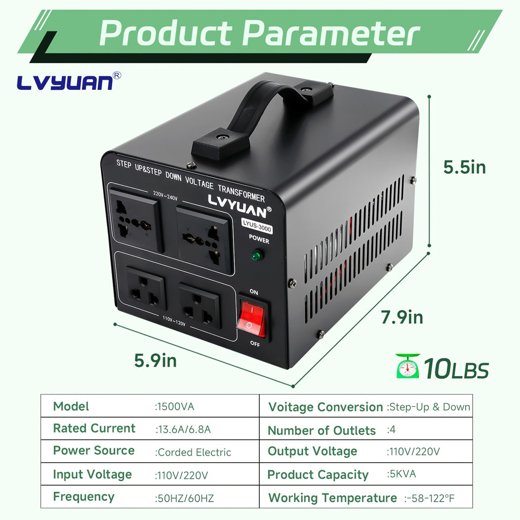 Step Up Down Voltage Converter by LVYUAN, 110V–120V to 220V–240V Transformer with Two US Outlets, Two Universal Outlets and Resettable Circuit Breaker