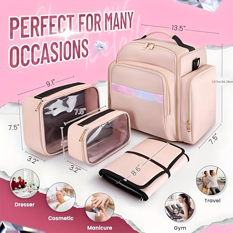 Removable-Pouch Makeup Organizer in Pink with Four Listed Inner Pouches and Jewelry Roll, Multifunction Cosmetic Travel Case for Beauty Essentials and Trip Packing