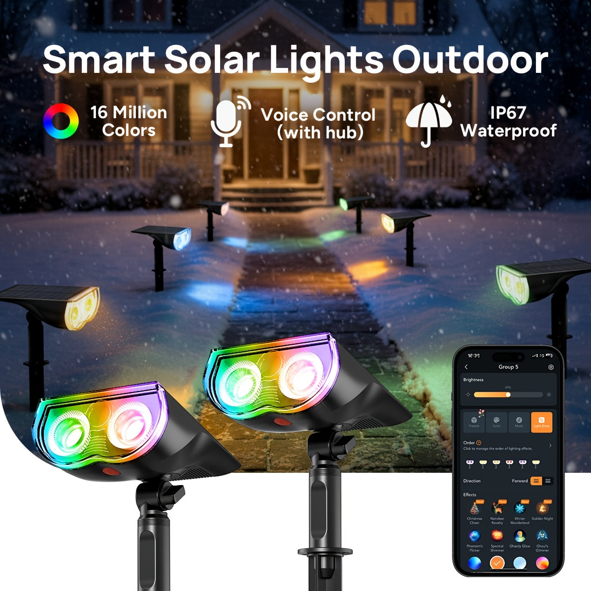 Smart Solar RGB Spotlights with Listed AiDot App Control, Adjustable White Light, Music Sync and Scheduling, Multicolor Two-, Four- or Six-Piece Package Labels