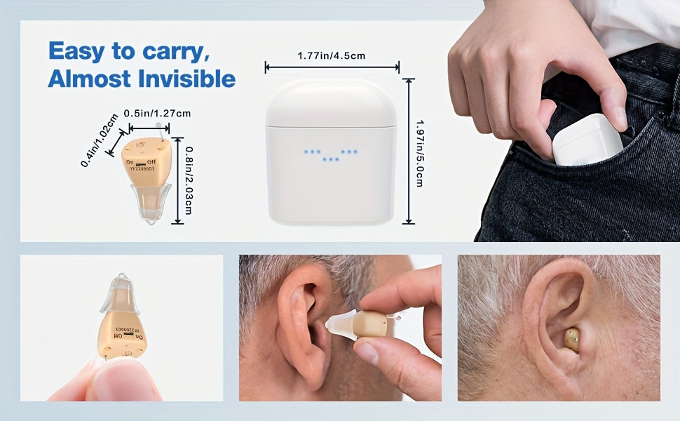 In-Ear Rechargeable Hearing Amplifier Pair with Listed Charging Case, K19RC and K19S Model Labels in Beige, RedBlue or Black for Adult Device Comparison