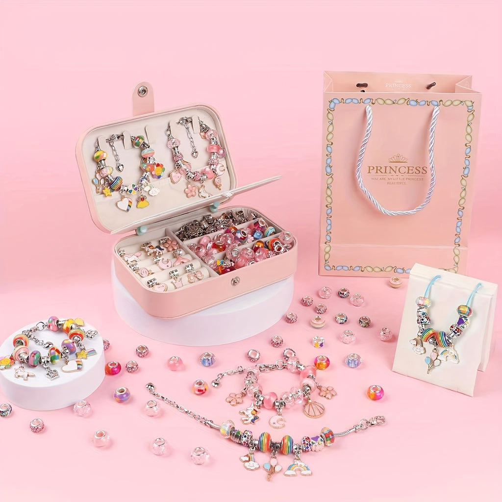 Charm Bracelet Making Kit with 134 Listed Pieces, 120 Beads, Six Bracelets and Six Necklaces with Jewelry Box and Gift Bag for Personalized DIY Jewelry Projects