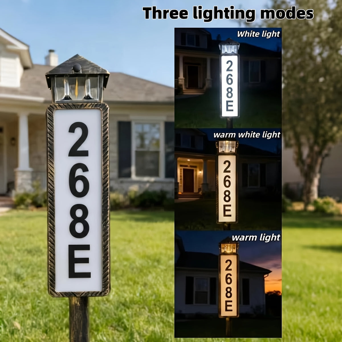 Solar LED Address Sign, House Number Display Board with Three Adjustable Color Mode Label, Black or Retro Design Options for Entryways and Courtyards