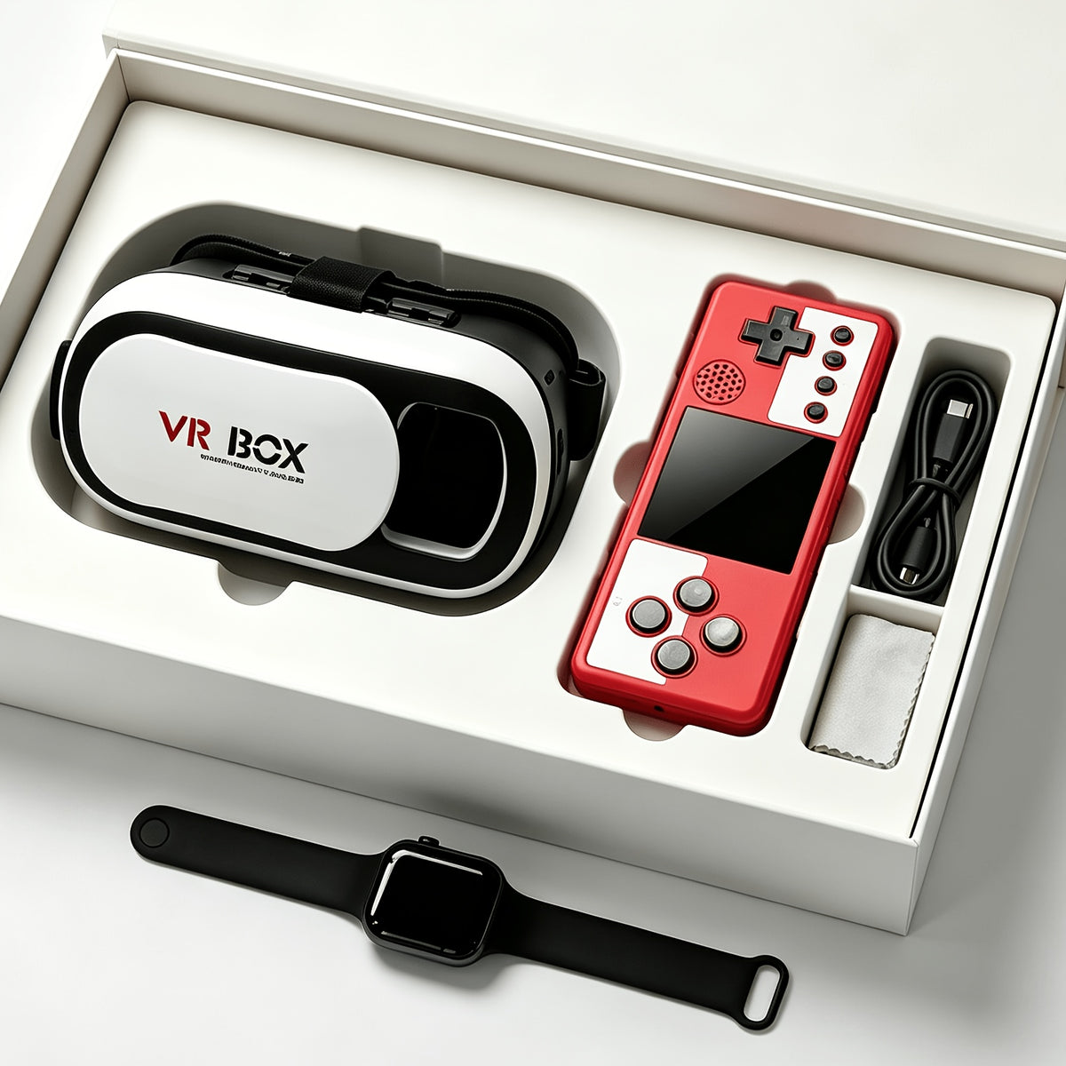 Phone VR Headset Bundle with Retro Handheld Game Console and Watch, Three-Piece Set with Listed 4.5–7-Inch Phone Fit and Multiple Color Combinations