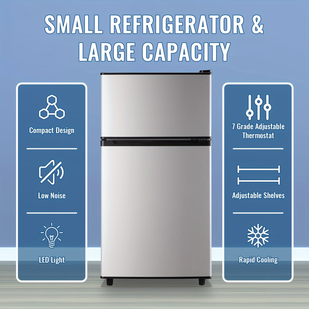 Two-Door Compact Fridge with Freezer, Silvery 2.5 or 3.5 Cu Ft Options with Seven-Level Thermostat and Removable Shelves for Dorm, Office and Bedroom Storage