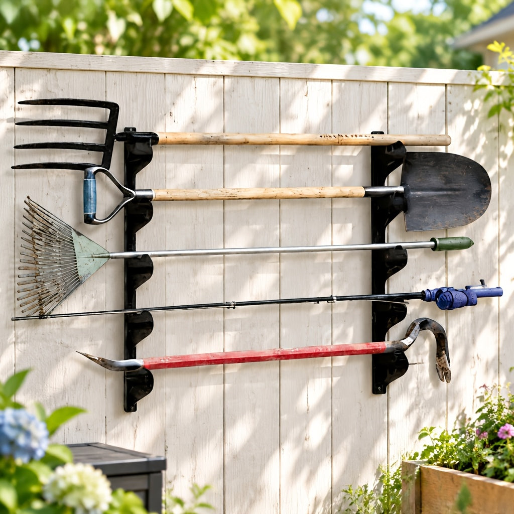 Wall Mount Tool Rack 2-Pack in Black, Space-Saving Garden and Garage Tool Organizer for Shed Storage, Home Workshops and Utility Areas