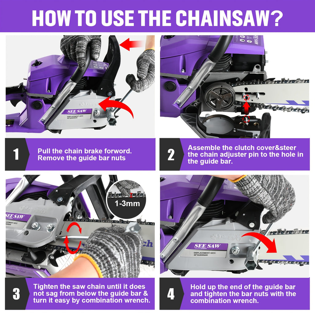 Gas Chainsaw with Anti-Vibration Handle, 62cc 2-Stroke Wood Cutting Saw with Listed 20-Inch Guide Bar for Experienced Adult Ranch and Farm Users
