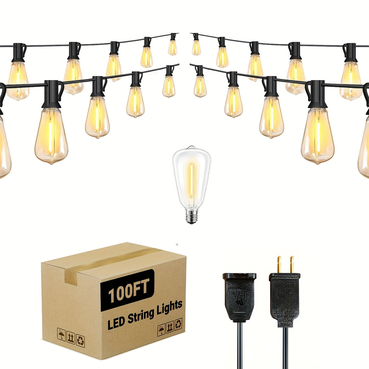 LED Outdoor String Lights, Edison-Style Decorative Bulbs with 2700K Warm Light Labels in 50ft, 100ft or 120ft Options for Patio, Porch and Cafe Displays