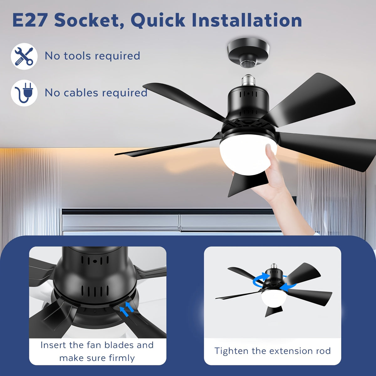 Black Screw-In Socket Fan Light, 20.5-Inch Ceiling Fan with Remote and Dimmable LED, Listed 2000 Lumens and Three 3000K–6500K Light Tones for Home Rooms