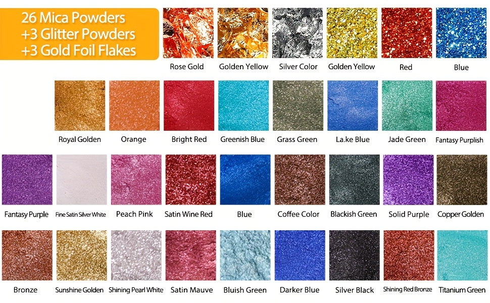 Mica Pigment and Glitter Craft Set with Listed 26 Mica Shades, Three Foil Flake Colors and Three Glitter Powders for Compatible Epoxy Resin Decorative Projects