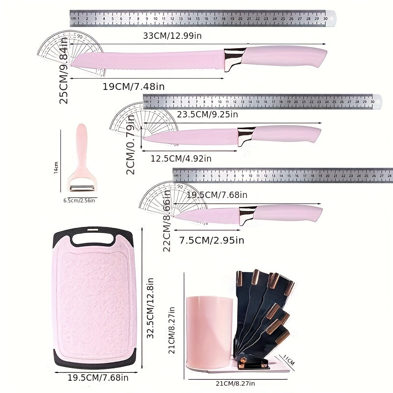 Cooking Utensil and Knife Set for Home Kitchen Preparation, Multiple Color Choices with Selected Pink or Black Square-Barrel and Gift Box Options