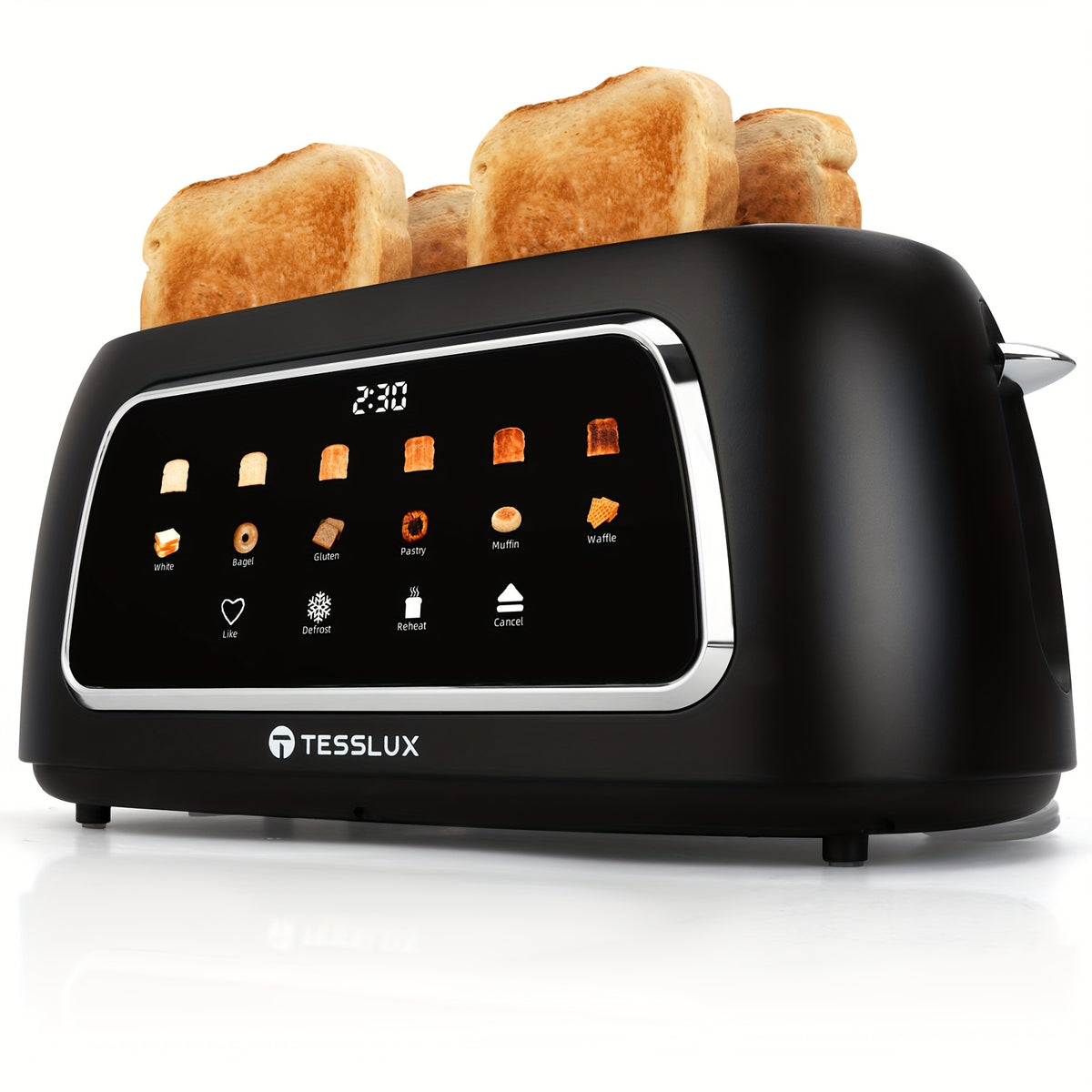 TESSLUX Four Slice Touchscreen Toaster with 1.5-Inch Wide Long Slots, Six Browning Levels and Bread Types, Digital Timer, Memory, Defrost and Reheat