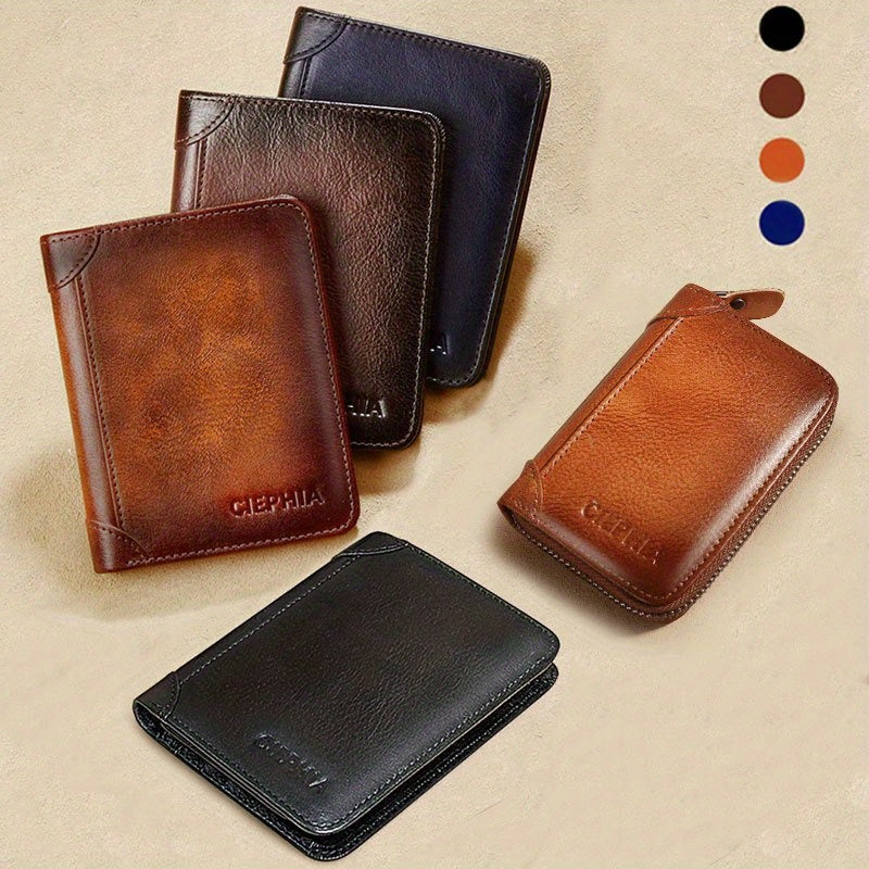 Men's Vintage Wallet and Card Holder Options, Bifold, Trifold and Eight-Card-Slot Styles in Brown, Coffee, Black or Blue for Everyday Carry and Gifts